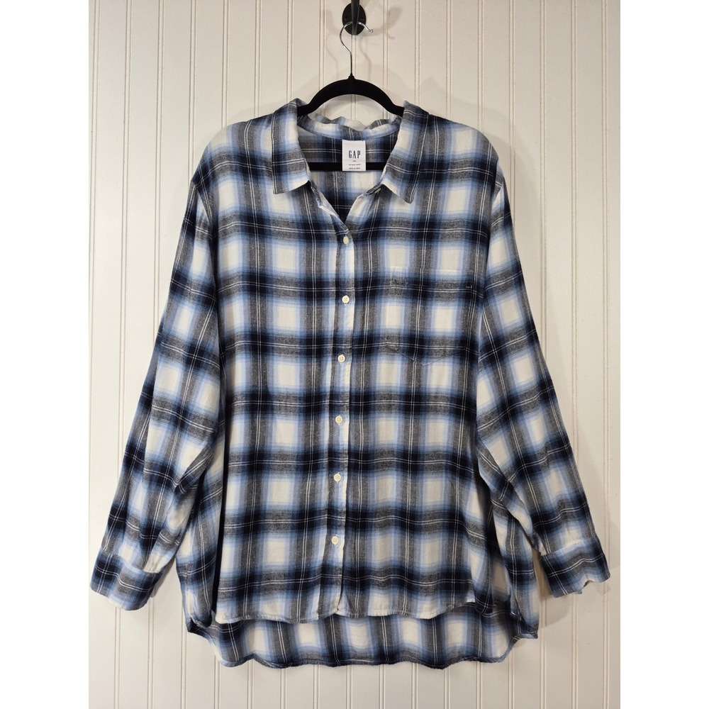 GAP The Easy Shirt XXL Blue White Plaid Button Down Cotton Rayon Oversized Top